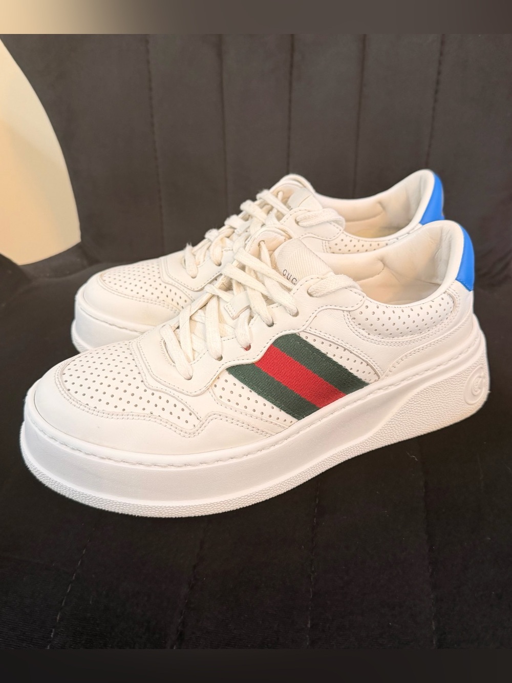 Gucci White Women Sneakers with Green & Red Stripe and Blue Heel Accent